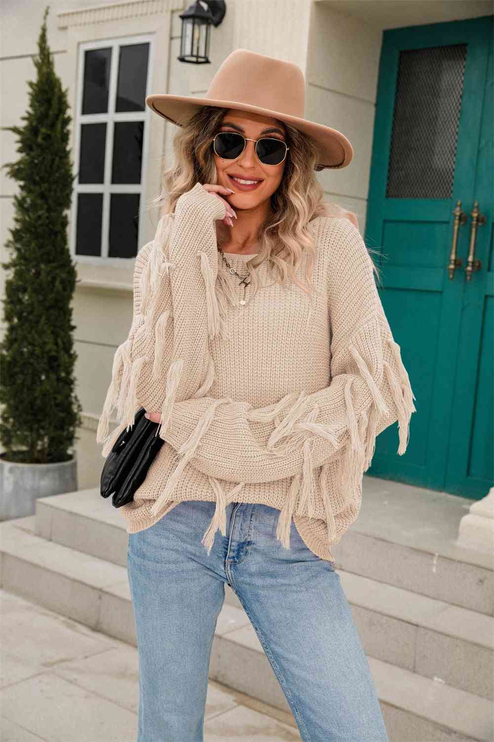 Ribbed Round Neck Fringe Detail Sweater