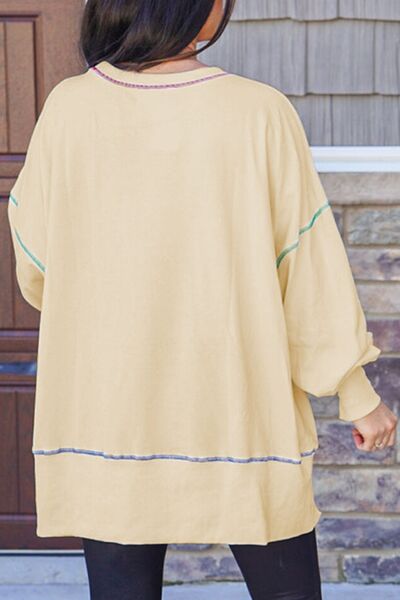 Slit Round Neck Lantern Sleeve Sweatshirt