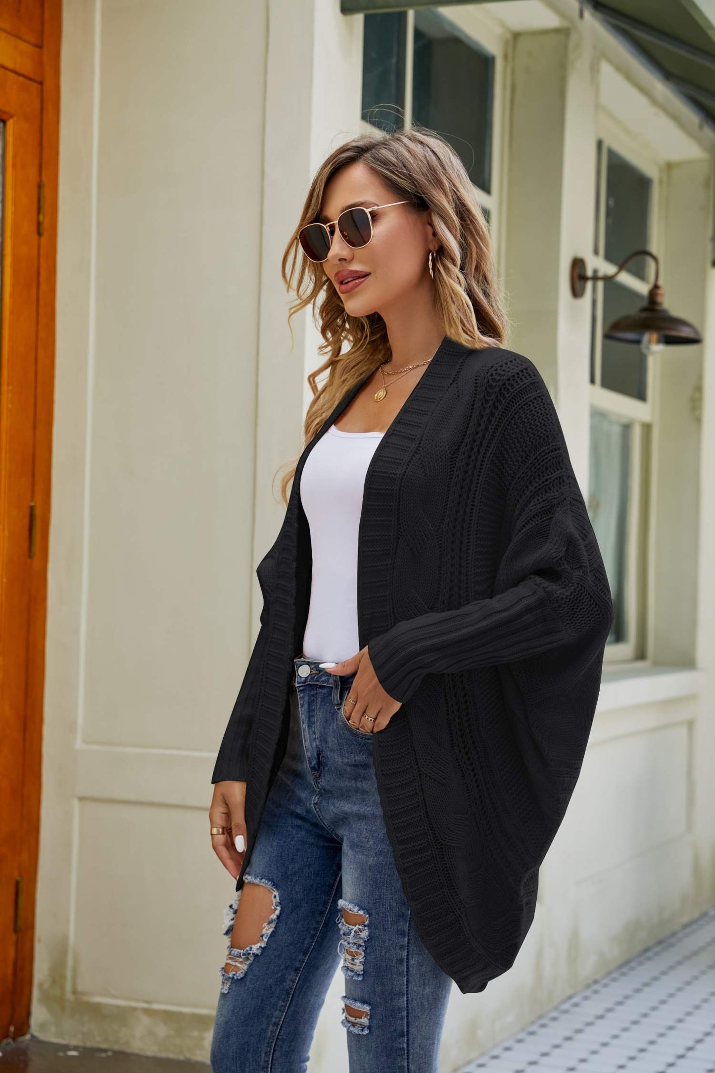 Mixed Knit Open Front Dolman Sleeve Cardigan