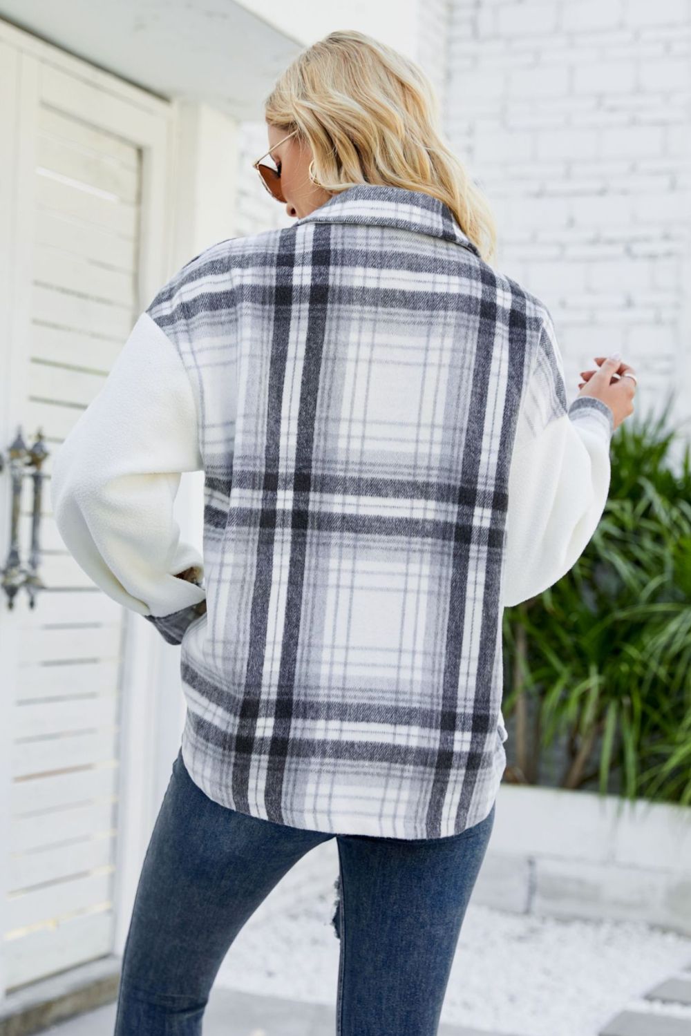 Plaid Button Front Spliced Sherpa Shacket