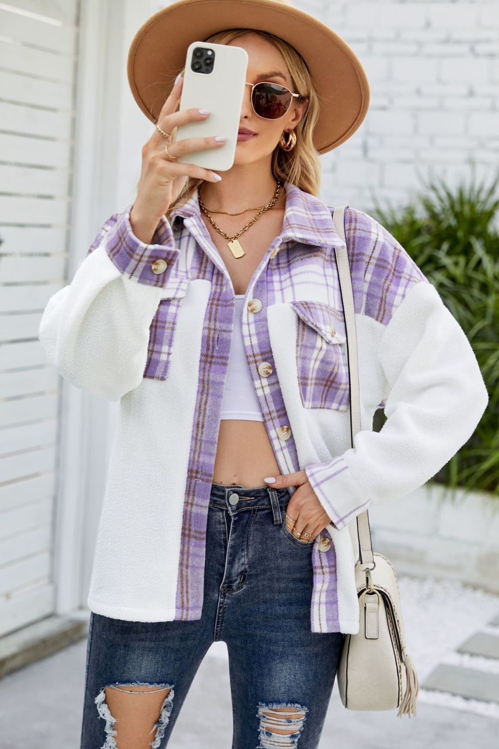 Plaid Button Front Spliced Sherpa Shacket