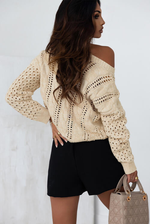 Full Size Openwork Cable-Knit Round Neck Knit Top