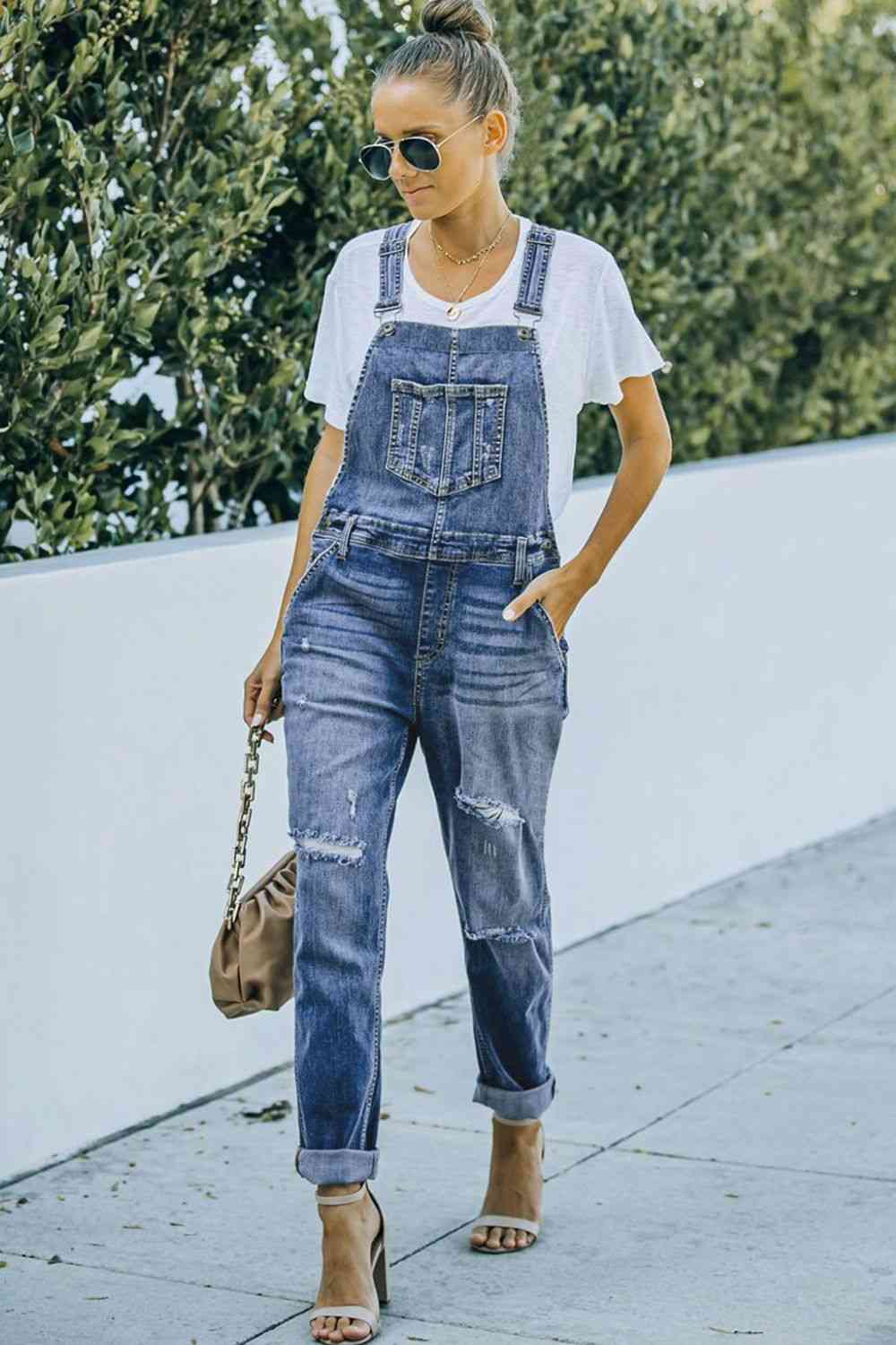 Pocketed Distressed Denim Overalls