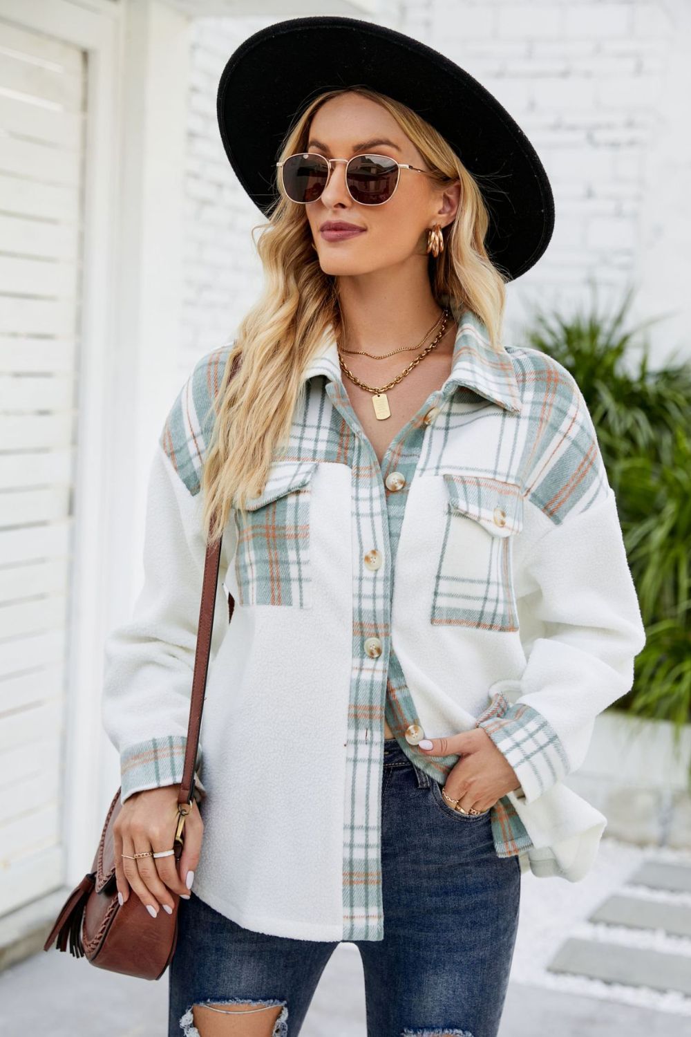 Plaid Button Front Spliced Sherpa Shacket