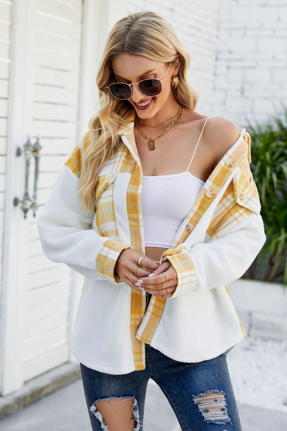 Plaid Button Front Spliced Sherpa Shacket