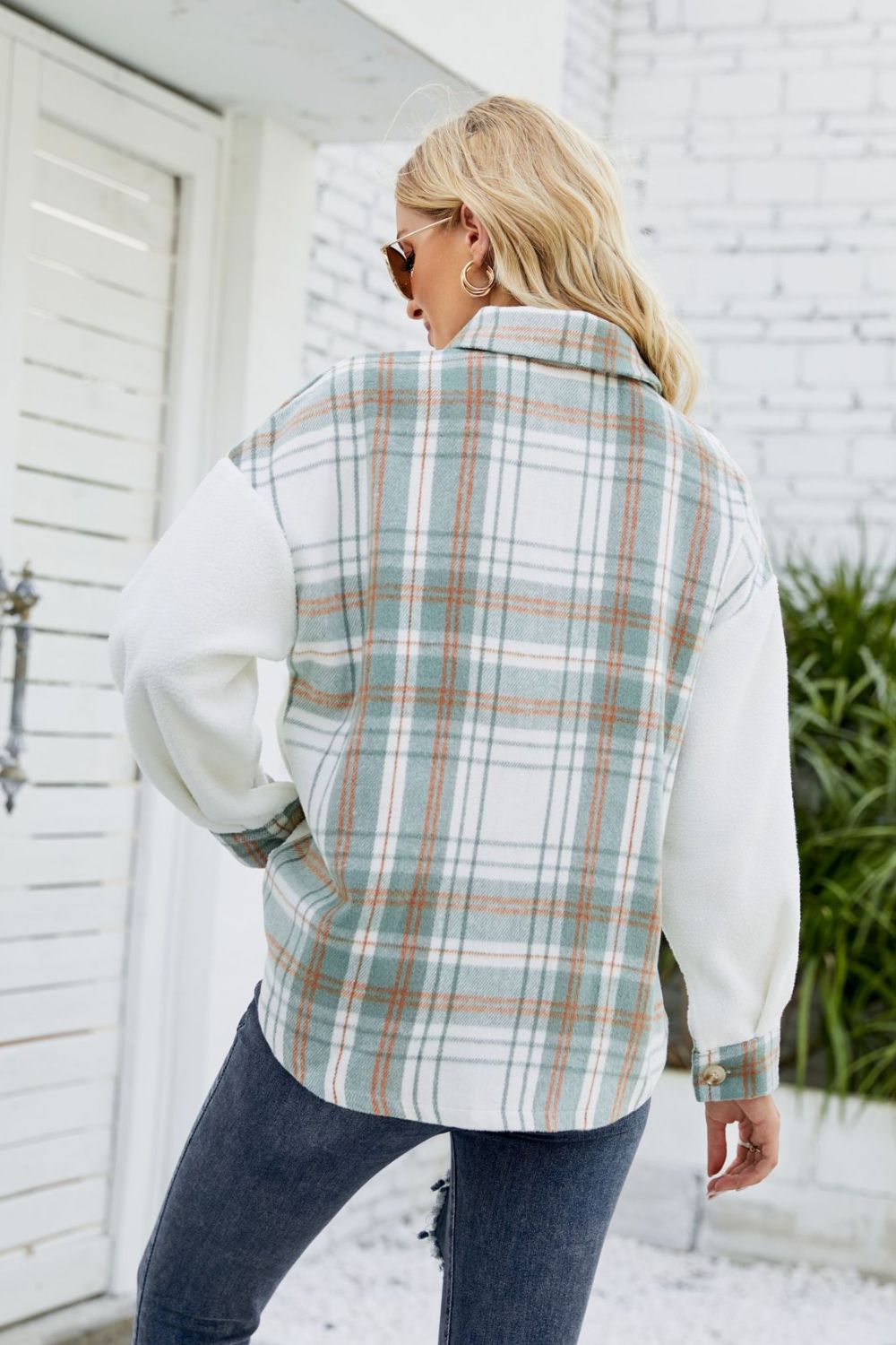 Plaid Button Front Spliced Sherpa Shacket