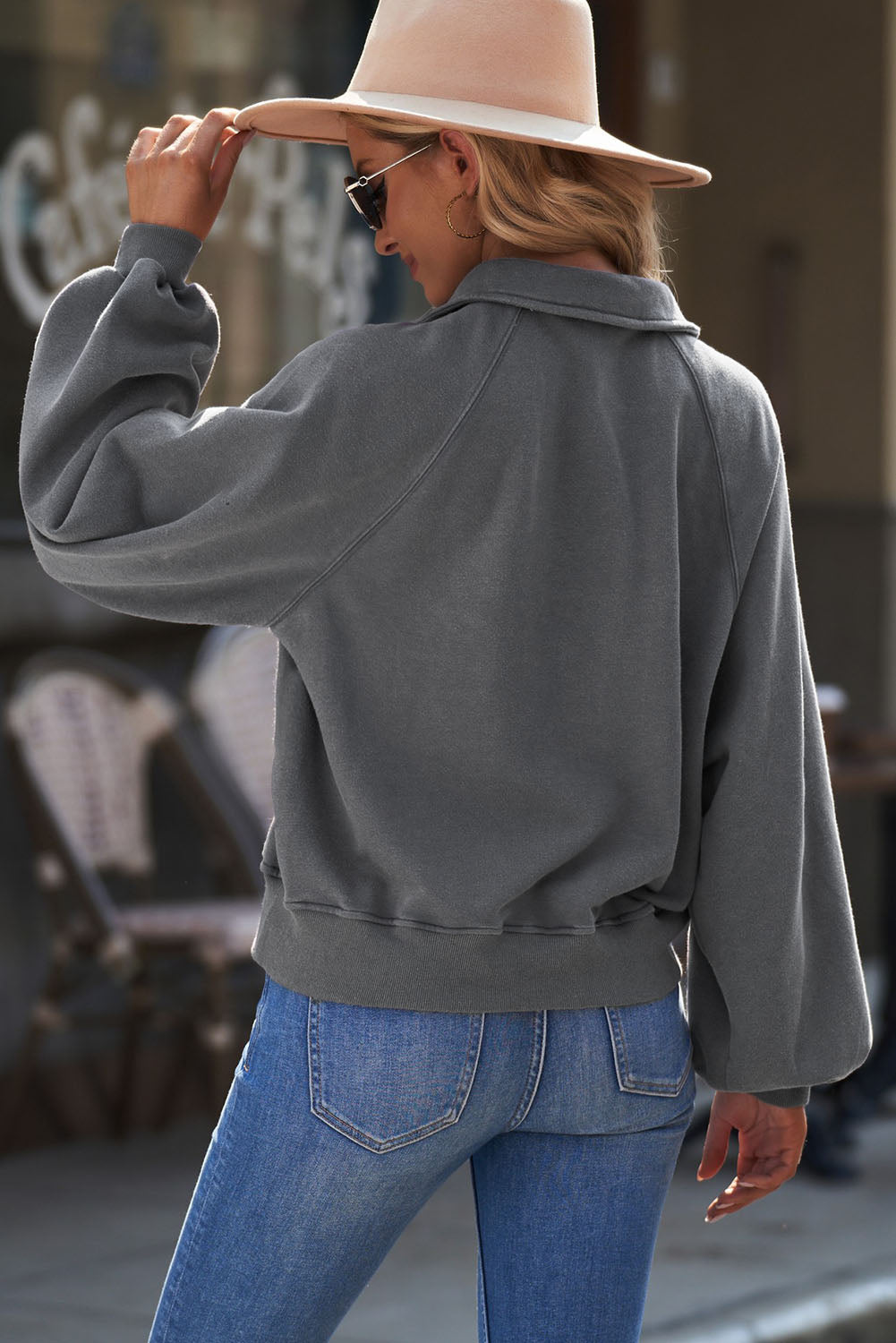 Quarter-Snap Collared Lantern Sleeve Sweatshirt