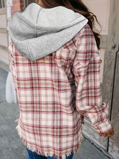 Plaid Raw Hem Drawstring Hooded Jacket