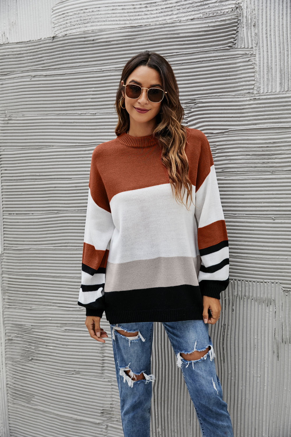 Striped Balloon Sleeve Crewneck Sweater