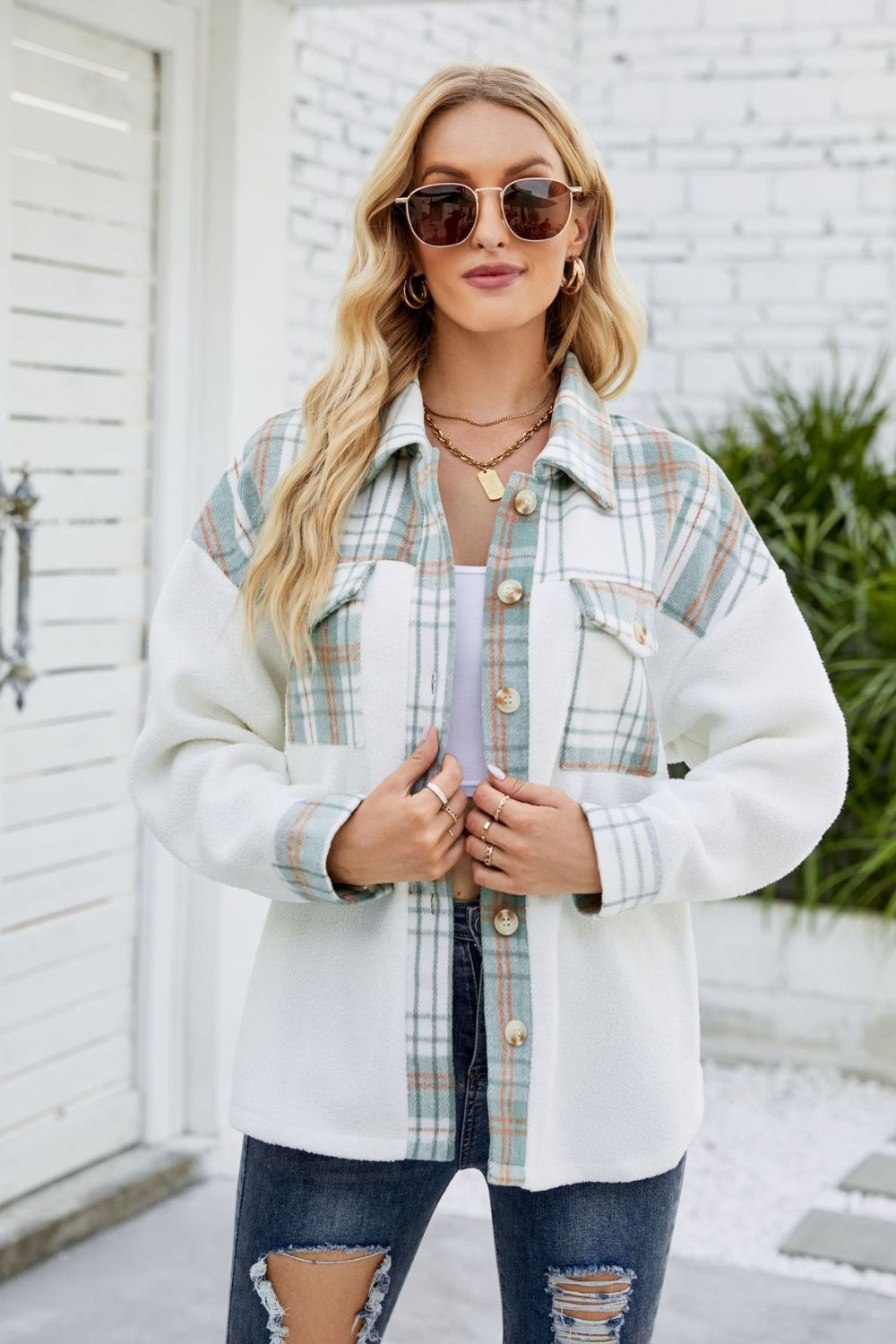 Plaid Button Front Spliced Sherpa Shacket