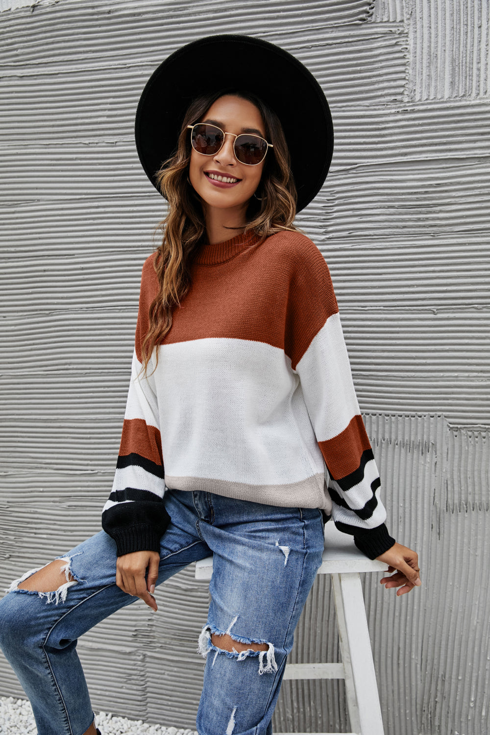 Striped Balloon Sleeve Crewneck Sweater
