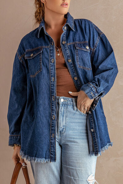 Button Up Pocketed Raw Hem Denim Jacket