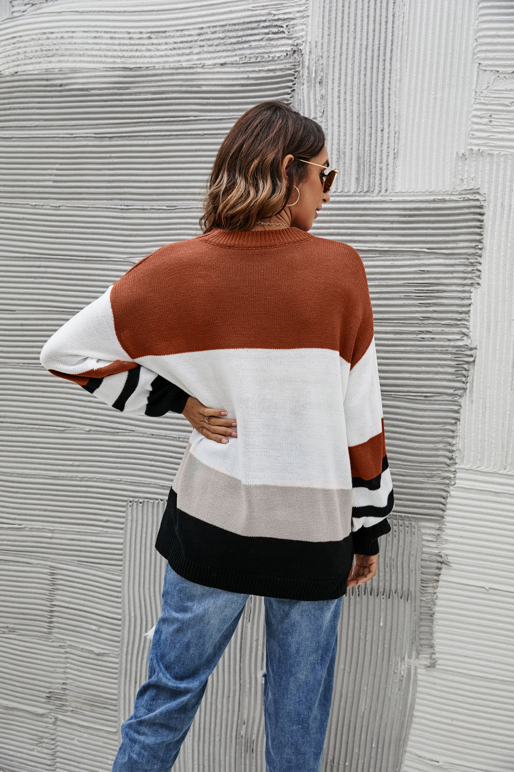 Striped Balloon Sleeve Crewneck Sweater